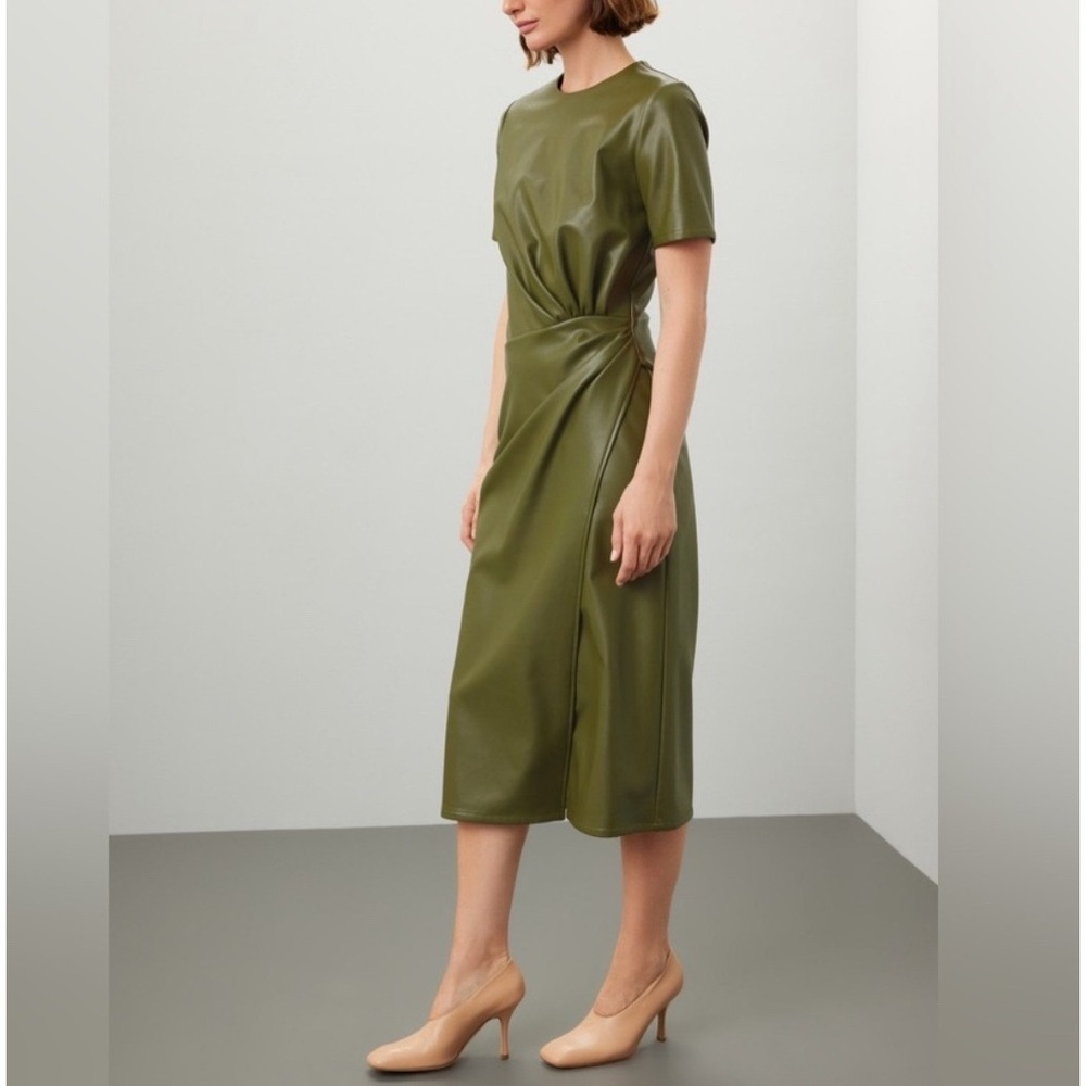 Shoshanna Rhea Vegan Leather Twist Faux Wrap Midi Dress Olive Green 2 Flaw GUC